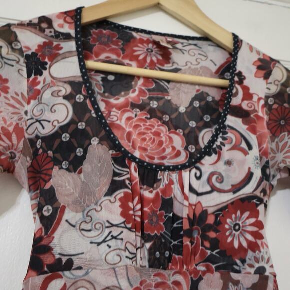 Vintage Sweet Pea Pink Floral Mesh Babydoll Tunic Top S/M 90s y2k - Picture 5 of 6